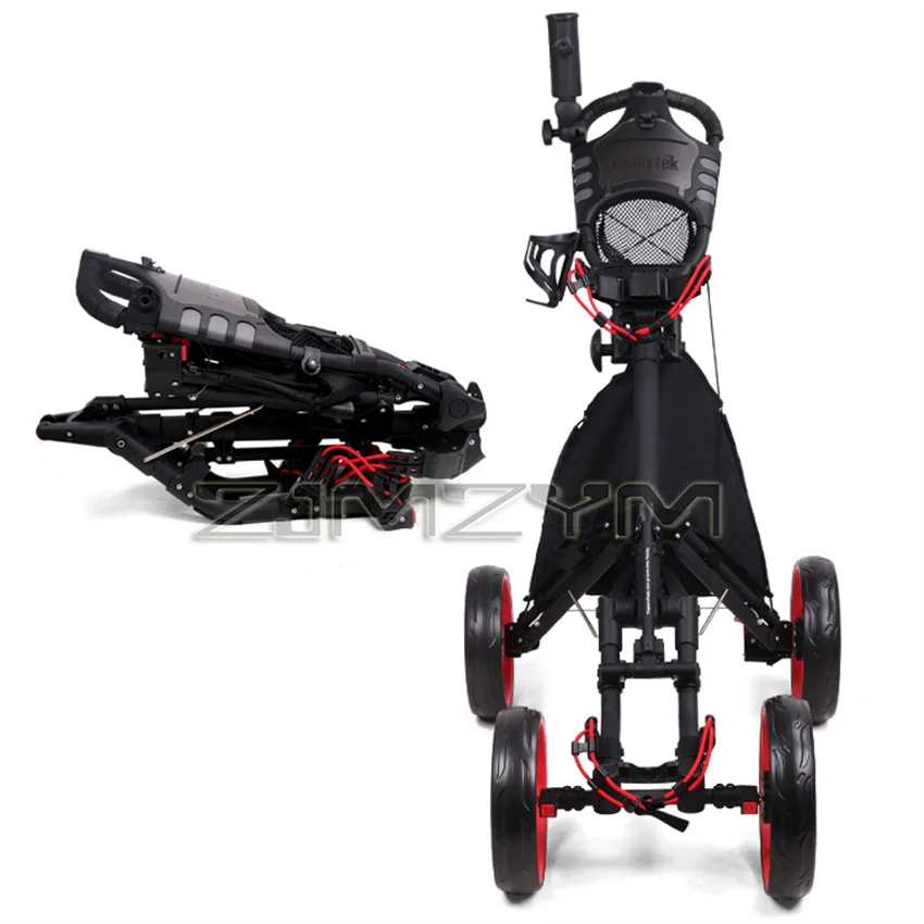 Folding Aluminum Alloy Golf Trolley 4 Wheels Golf Bag Pull Push Cart Umbrella Cup Holder Adjustable Trolley with Footbrake