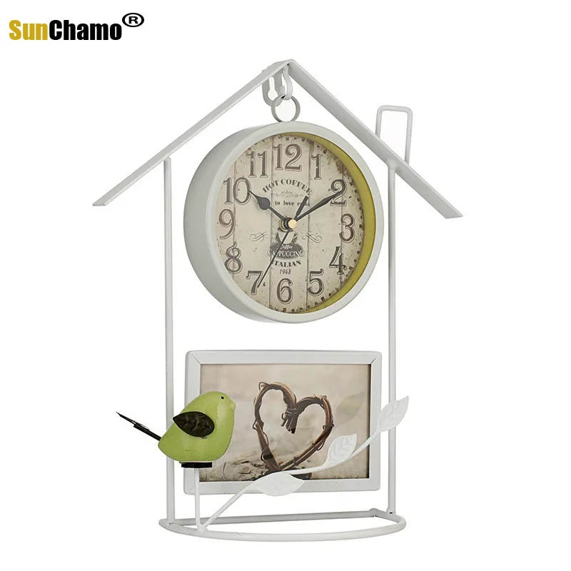 

Retro Wrought Iron Photo Frame Bird Decoration Home Accessories Ornaments Living Room Table Wall Clock Reloj De Pared Decor