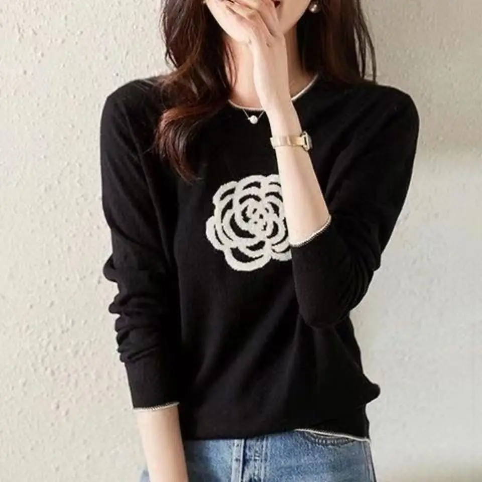 Ladies Knitted Sweater Women Pullovers Embroidery Floral Knit Elasticity Autumn Woman Sweater Girl Soft Slim Fit Knitwear Female
