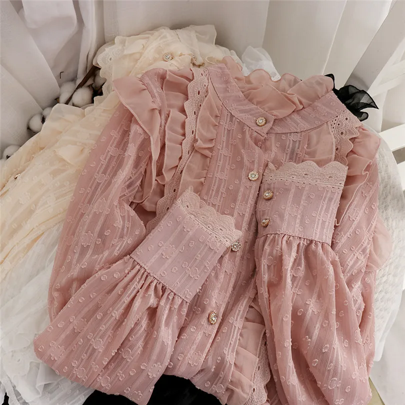 

2021 New Spring Autumn Sweet Laciness Lace Shirt Women Hollow Out Chiffon Blouse Ladies Button Lantern Sleeve Blouses Tops A2103