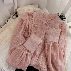 2021 New Spring Autumn Sweet Laciness Lace Shirt Women Hollow Out Chiffon Blouse Ladies Button Lantern Sleeve Blouses Tops A2103