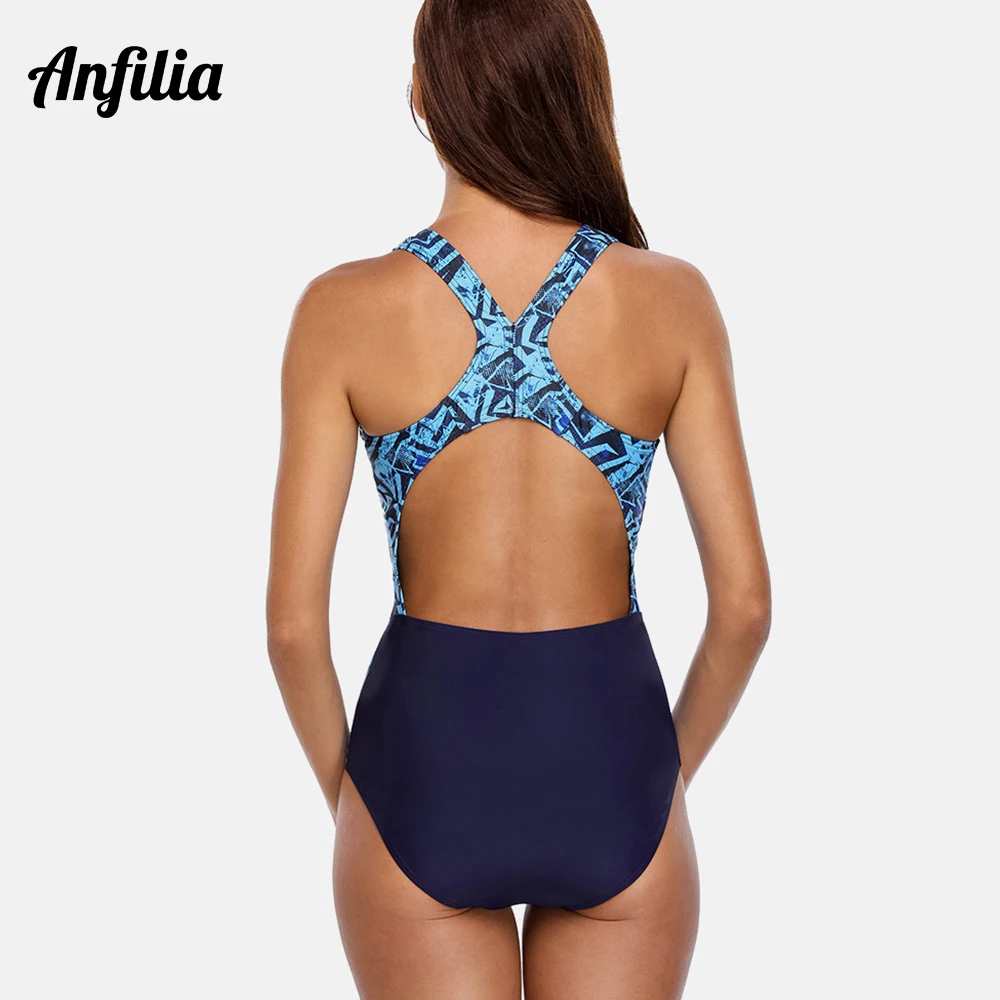 Anfilia Women One Piece Sports Swimsuit Sports Swimwear Padded Backless Beach Wear Bathing Suits Monokini Anthletit Bodysuit