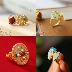 New silver Chinese retro enamel ring inlaid with Hetian jade unique aventurous craftsmanship, adjustable opening for women