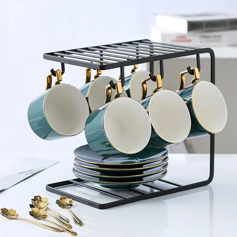 1pcs High Quality Gold Bone Porcelain Coffee Cup Vintage Ceramic Cup Dish On-glazed Advanced Tea Cup And Saucers with holder Set