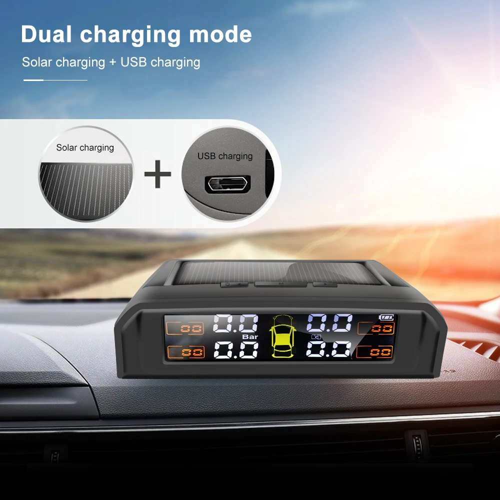 TPMS Car Tire Pressure Alarm Monitor System Real-time Display wireless Solar power Attached to glass with 4 sensors