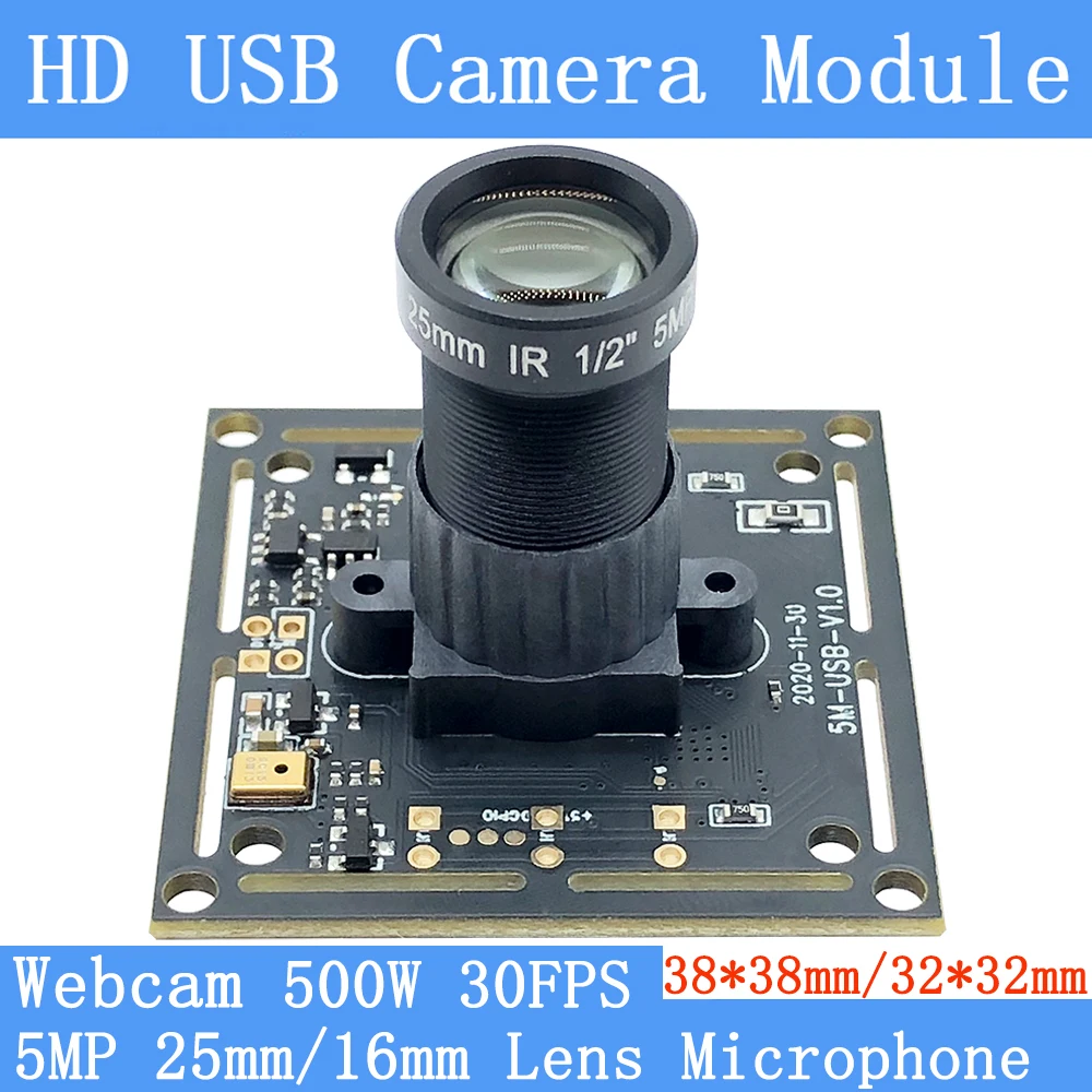 Industrial Webcam Pure Physical HD 5MP UVC OTG 2592*1944 30FPS USB Camera Module Microphone Windows Linux 12mm 25mm Lens