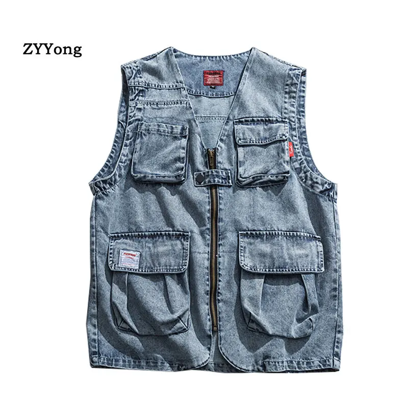 

Men Denim Vest Korea Style Wash Multi-Pocket Photographer Work Youth Sleeveless Jacket Comfortable Blue Cowboy Waistcoat Coat