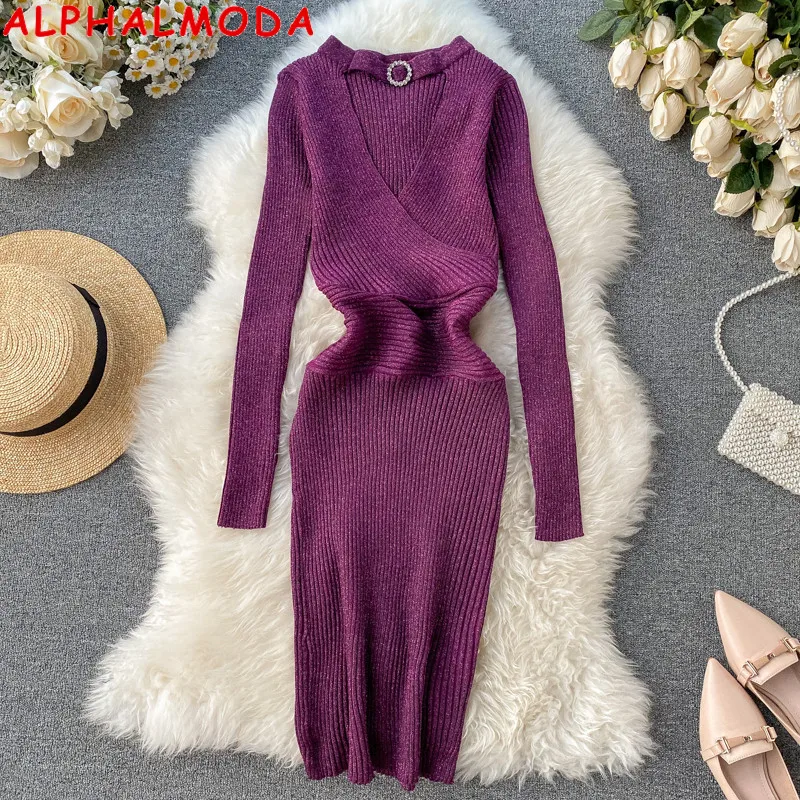 

ALPHALMODA 2019 New Fashion Sparkling Knitting Dress Hollow V-neck Slim Fit Bright Silk Knit Women Retro Bottoming Dress