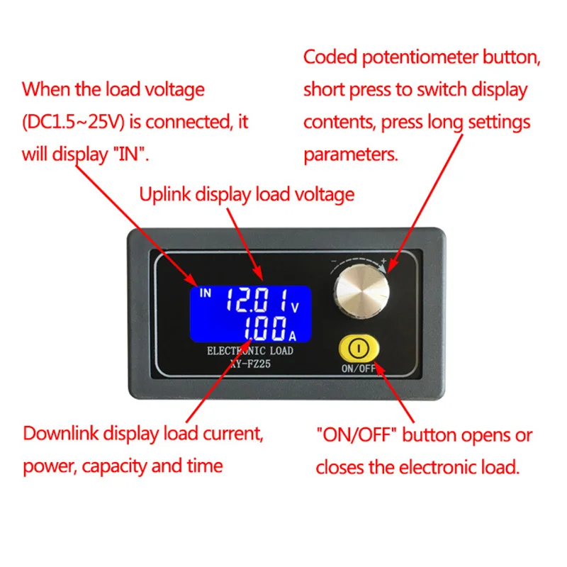 XY-FZ35 Adjust Constant Current Electronics Load 1.5~25V 5A 35W Battery Tester Discharge Capacity Meter with TTL Communication