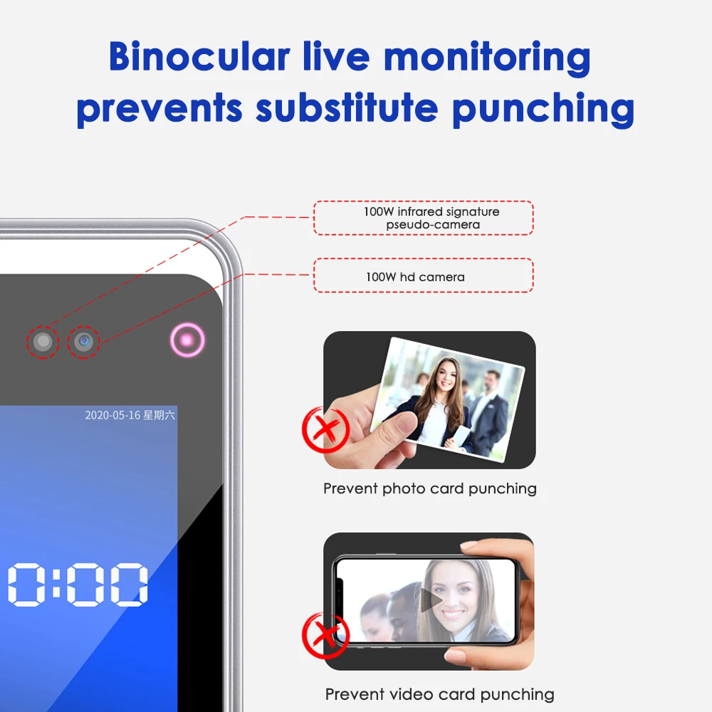 Dynamic Face Recognition Time Attendance System 4.3 Inch Touch Screen Access Control Employee Clock 125Khz 13.56Mhz