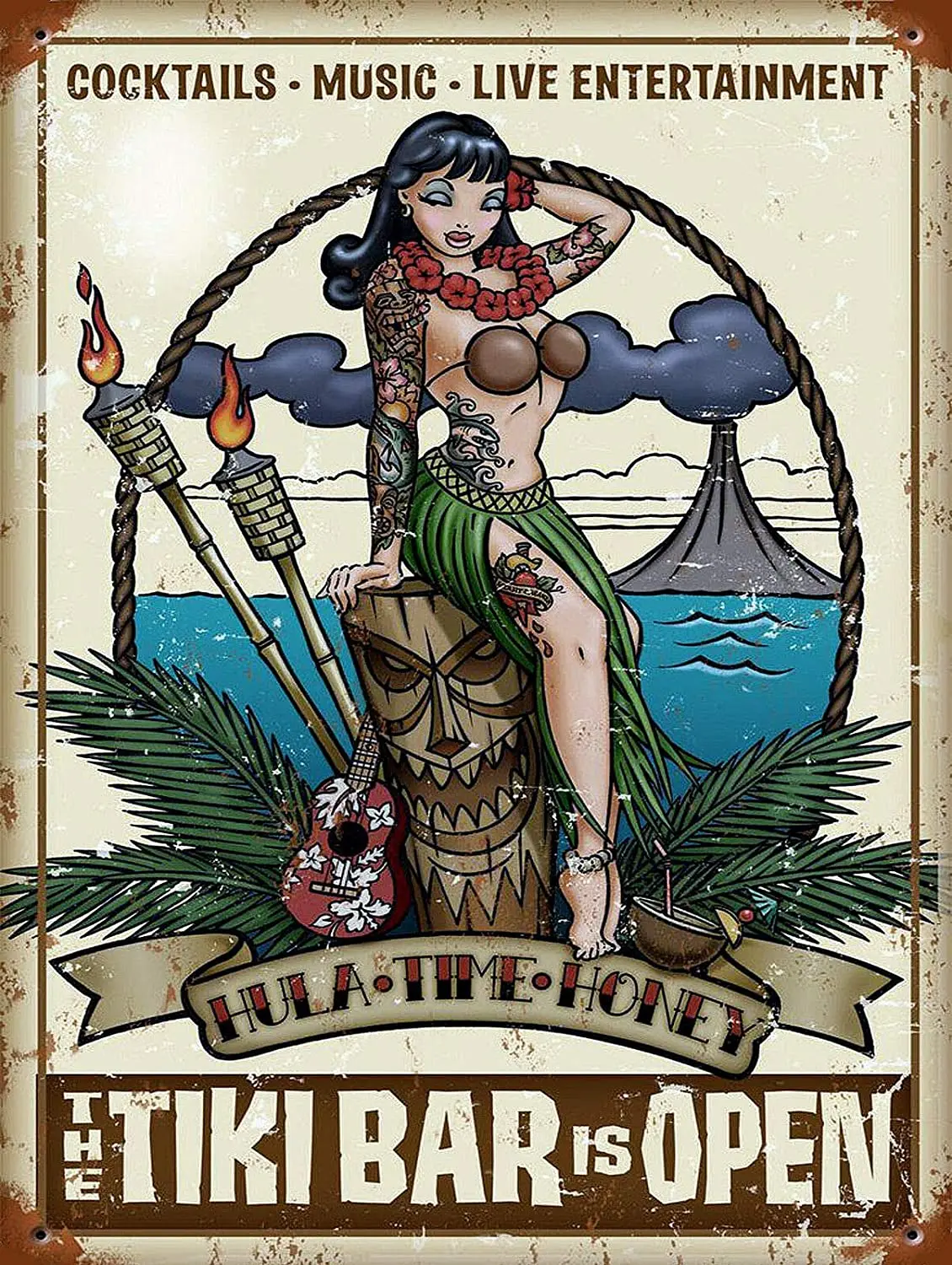 Tiki Bar Open Vintage Retro Decor Metal Tin Sign 12x16 Inch
