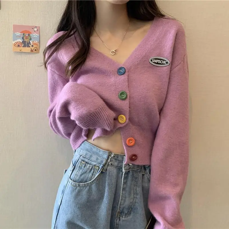 Knit Korean Crop Sweaters Cardigan For Women Oversize Long Sleeve Top Knitwear Autumn Short Outerwear Ladies Clothes V Neck