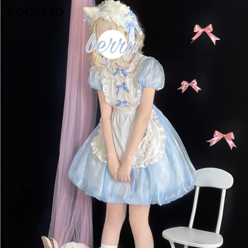 Japanse Zoete Lolita Op Jurk Zomer Vrouwen Victoriaanse Leuke Puff Mouwen Party Dress Vintage Meisjes Kawaii Boog Ruches Maid Jurken