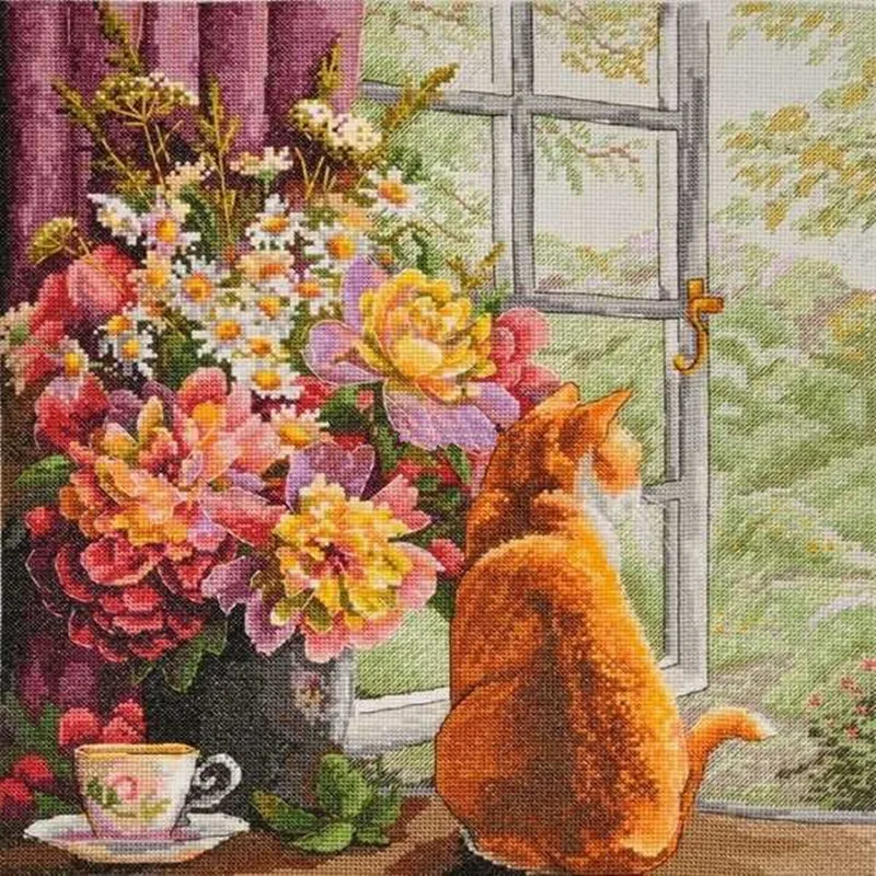 Summer Afternoon Cross Stitch Pattern Kits Cats Unprinted Canvas Embroidery Needlework 11 14CT DIY Handmade Home Decor Paintings