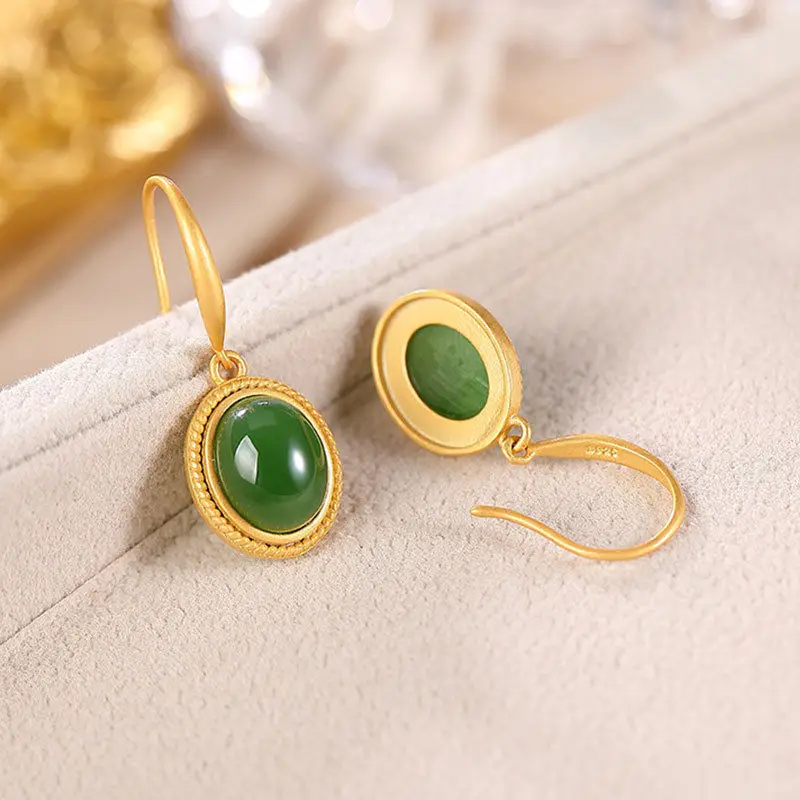 Autumn new style ancient gold craft natural Hetian jade green oval earrings exquisite luxury ladies silver jewelry