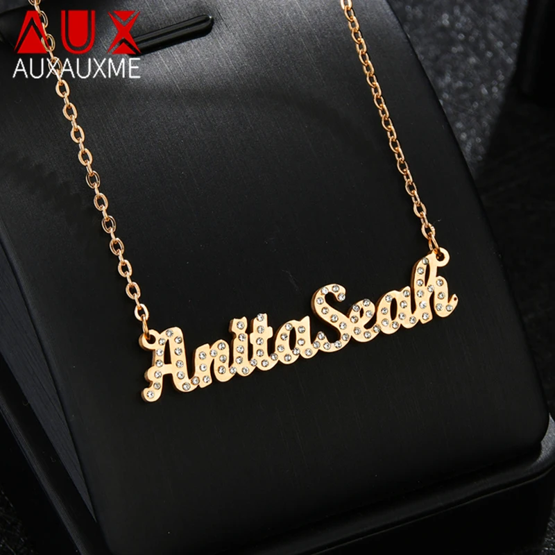 

Auxauxme Bling Customized 2 Names White Stones Wedding Necklaces Stainless Steel Women Custom Necklace Engagement Gifts