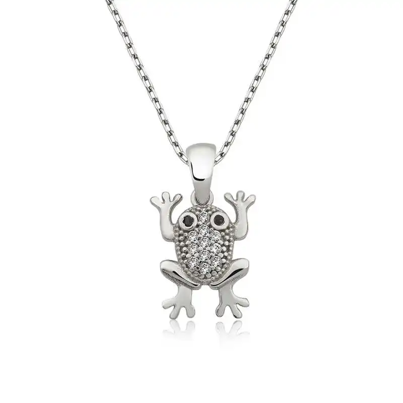 Silver Frog Lady Necklace Zircon Stone 925 Sterling Women Fine Jewelry Wedding Party Birthday Gift - Box - Pendant - Chain Choker - Female - Ladies - Fashion