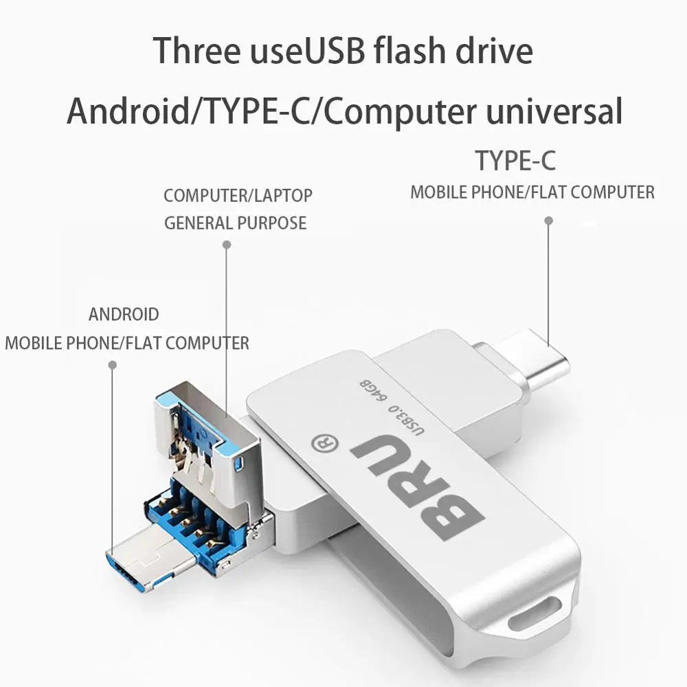 BRU 3In1 Otg Usb Flash Drive 3.0 For iPhone15/16 Pen DriveType C Android High Speed Usb Memory Stick 64gb 128gb 256gb Pendrive