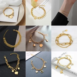 MEYRROYU Stainless Steel Three Color Multi-style Double Layer Bracelets For Women 2023 New Heart Geometric Gift Fashion Jewelry