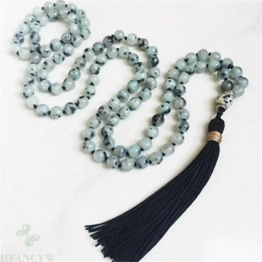 

6mm Green Sesame Jasper Gemstone 108 Beads Mala necklaces Tassel Lucky natural Gemstone Meditation Chakas cuff Bless Sutra Fancy