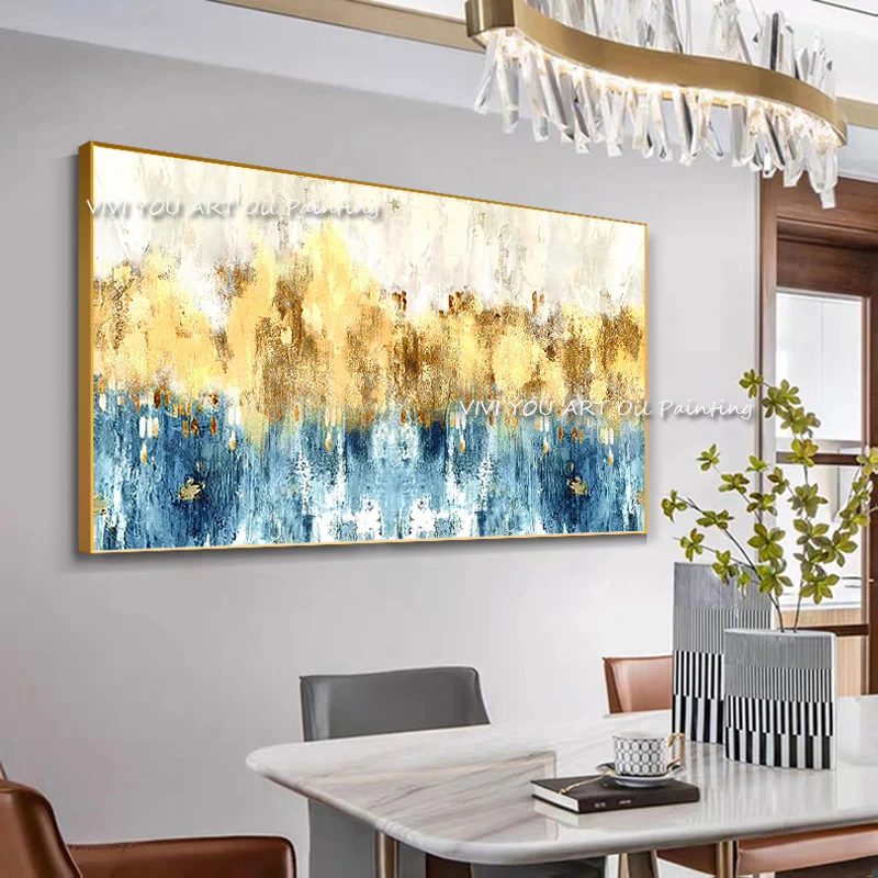 Top Hand-painted High Quality Modern Gold and Blue Abstract Oil Painting on Canvas for Living Room Decor Abstract Wall Painting