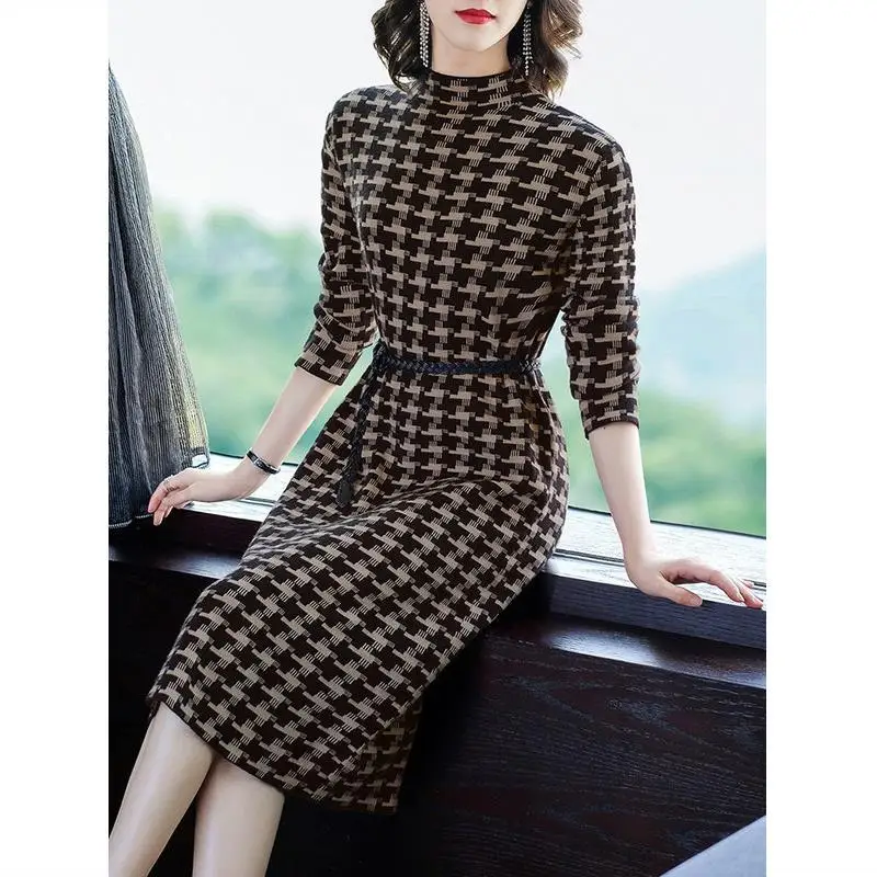 Casual Jurk Voor Vrouwen 2022 Vrouwelijke Breien Kleding Voor Srping Herfst Coltrui Plaid Thicken Slim Knielange Bodem Vestidos