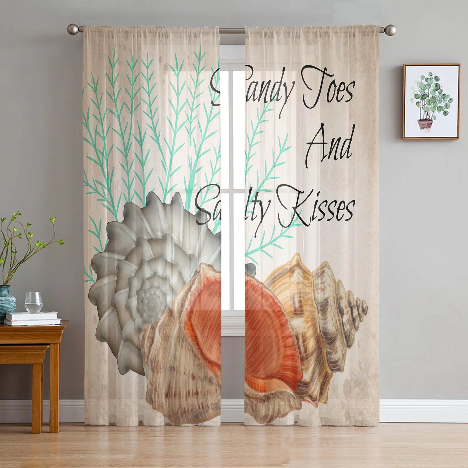 Retro Seashell Conch Seaweed Sheer Curtains for Living Room Bedroom Kitchen Tulle for Windows Voile Drapes Home Decoration