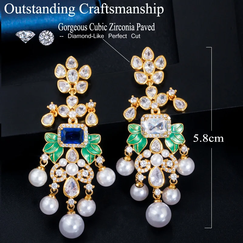 CWWZircons Blumen Zirkon Lange Hängeohrringe mit Perlen für Frauen Afrikanische Brautohrringe aretes de mujer modernos Großhandel E0375 – Detail 1