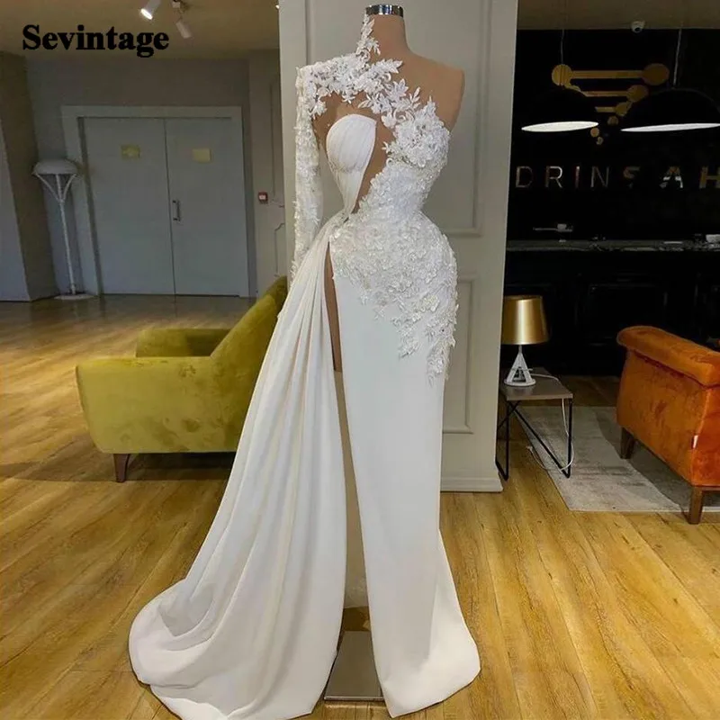 Sevintage High Slit Mermaid Evening Dresses One Long Sleeves Appliques Lace Prom Gowns Soft Satin Women Customized