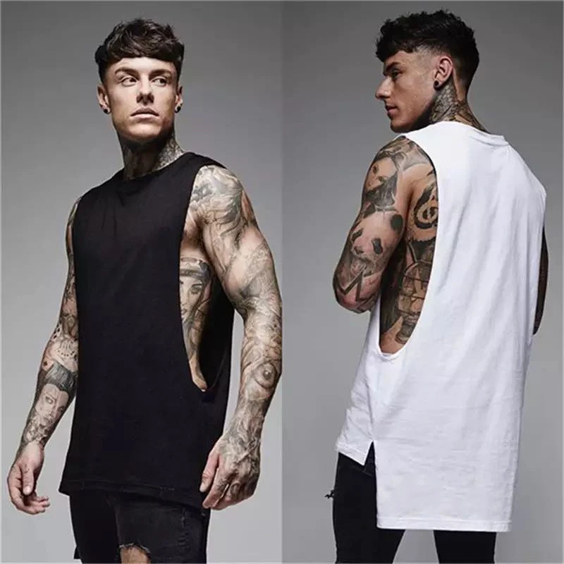 Mens Wide open Sexy Muscle Tank Top Summer Gym Clothing Cotton Fitness Workout Sleeveless Shirt Male Extend Long Hip Hop Vest