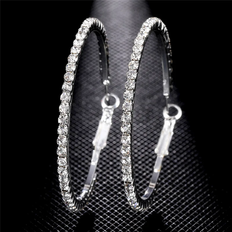 Hot 20-60mm Large Circle Crystal Hoop Earrings for Women Silver Color Fashion Round Shiny CZ Big Earring Jewelry Party Gift