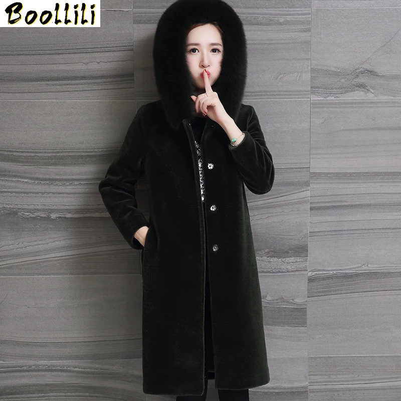 Winter Boollili 2023 Jacket Women Real Sheep Shearing Fur Coat Female Long Warm Jackets Fox Fur Hooded Plus Size 5XL 6XL