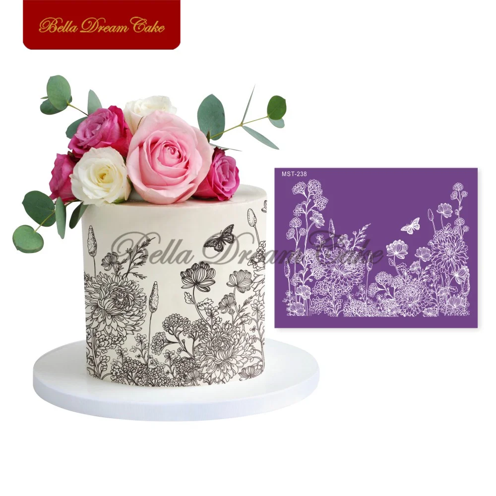 Flowers In Bloom Design Mesh Stencils Wedding Cake Mould Fabric Cake Stencil Template Cake Decorating Tool Baking Accessories