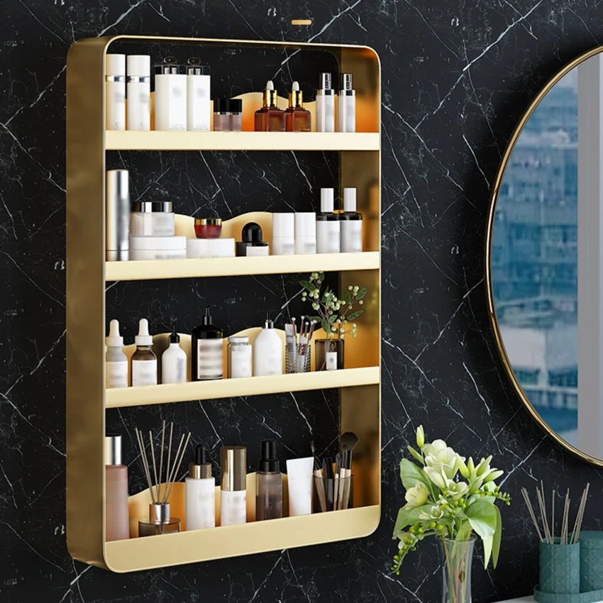 Punch-free Wall-mounted Shelf Four Tier Rust-proof Bathroom Kitchen Metal Storage Rack 50*70*8 cm Cosmetics Storage Shelves