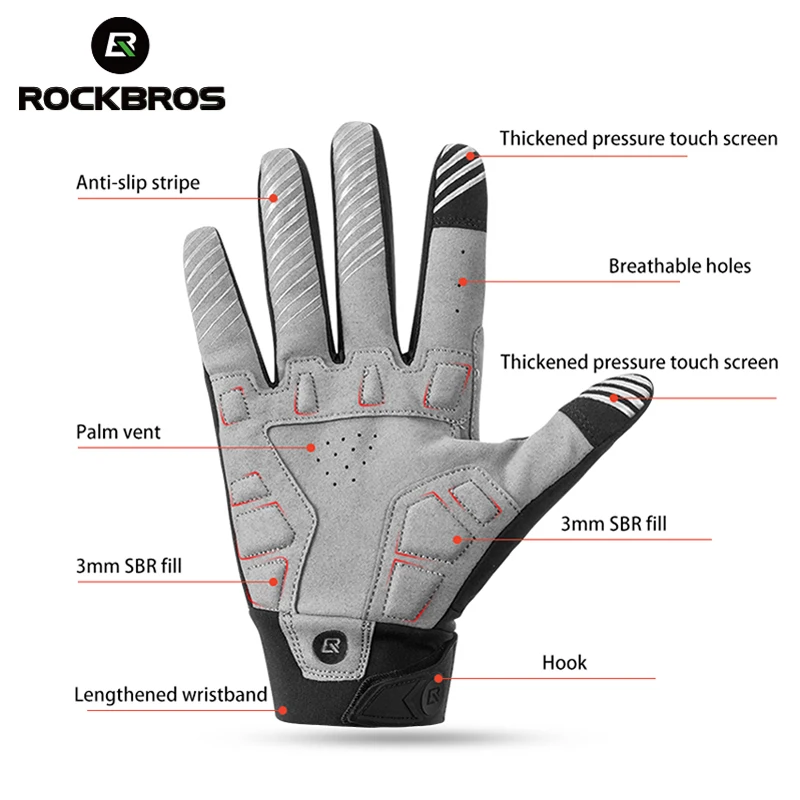 ROCKBROS Cycling Gloves Shockproof Wear Resistant SBR Men Women Full Finger Windproof Gloves Breathable Lengthen  Warm MTB Glove