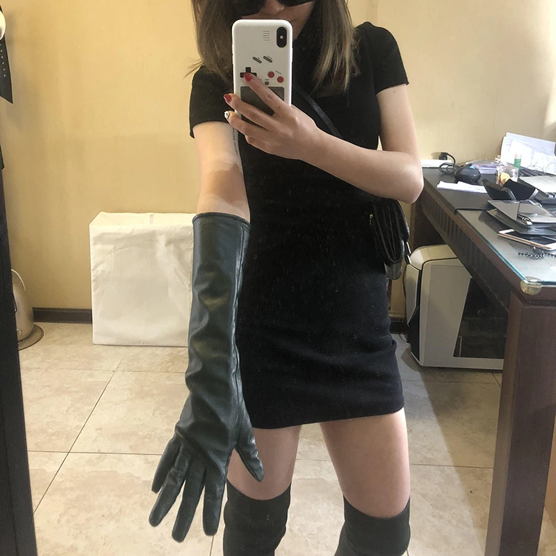 Lady real sheep leather glove green Women super long shoulder long leather gloves customization  viridis