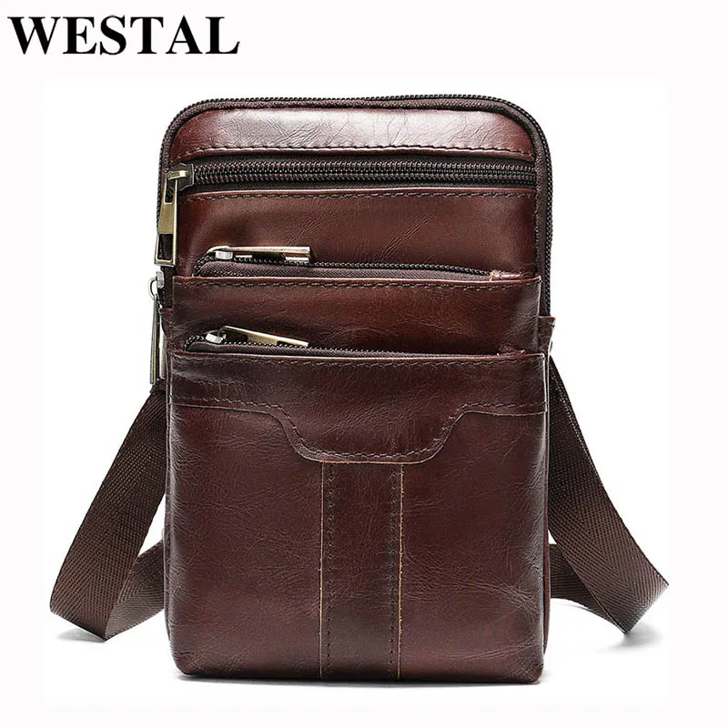 WESTAL Small Men's Shoulder Bag for Men Genuine Leather Crossbody Bags Mini Male Phone Bags Belts Flap Messenger 7538