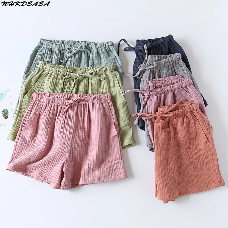 Women\'s Pajama Shorts 100% Cotton Double-Layer Gauze Sleep Bottoms Beach Shorts Plus Size Thin Lounge Loose Casual Home Pants