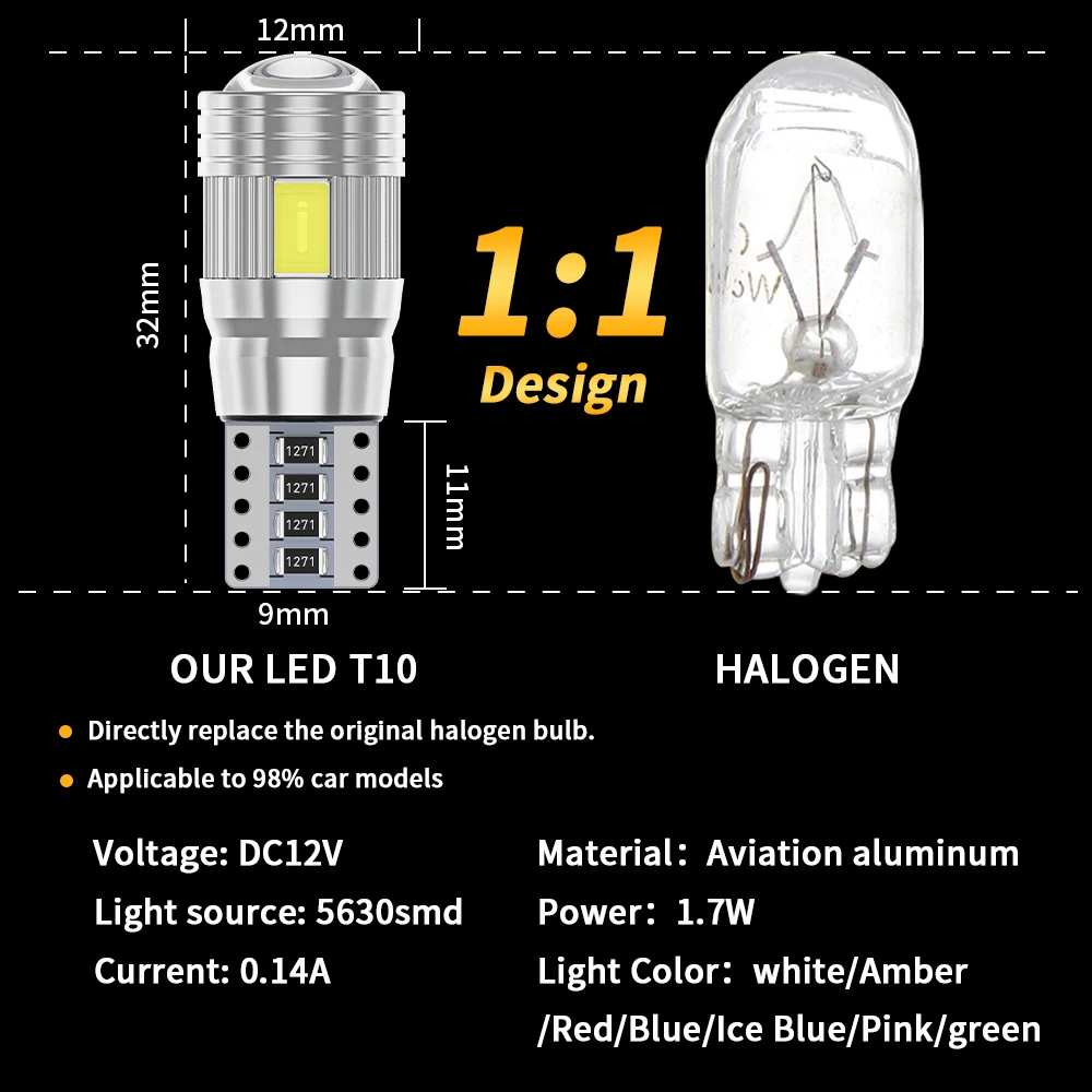 2pcs T10 W5W LED Bulb Canbus No error 12V 6000K 5630 6SMD Auto Claerance Wedge Side Reverse Lamps Turn Singal Light White Amber