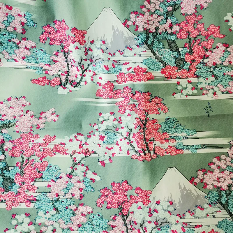 Bellissimo fondo verde chiaro, tessuto 100% cotone, supporto per fiori di ciliegio giapponese Fuji, panno per stampa digitale, abbigliamento per