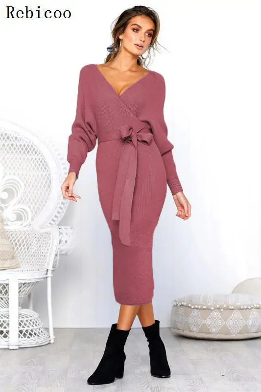 

Women Knitted Sweater Dress Wrap Belted Tunic Midi Vestidos Long Sleeve Double V Neck Split Casual Autumn Dresses