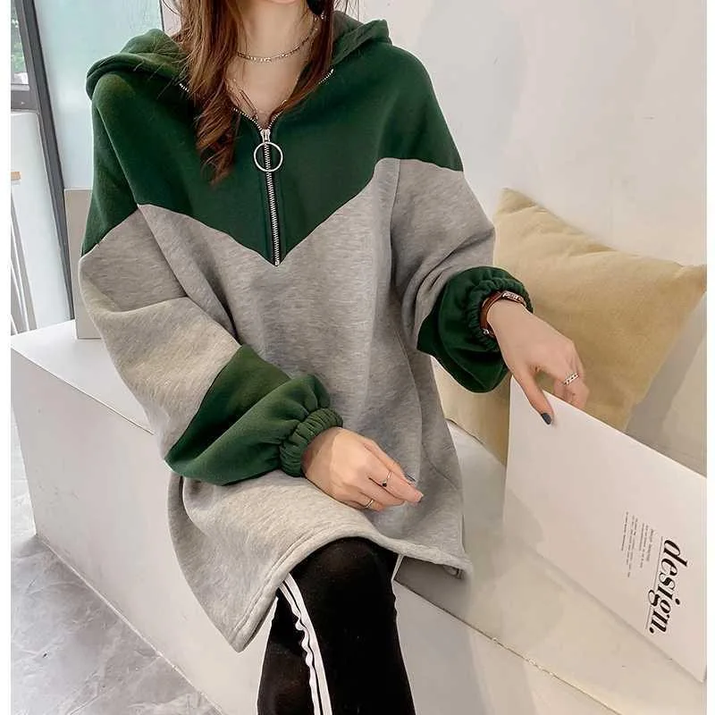 Women Autumn Winter Patchwork Color Match Casual Loose Fashion Zipper Pullover Mid - Length Hoodie Female Plus Velvet Sweatshirt