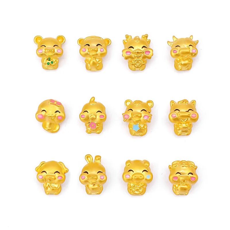 QEENKISS Gold 12 Zodiac Bead Pendant For Women Kids Animal Rat Ox Rooster Rabbit Charm Wedding Party DIY Accessories Gift PD20