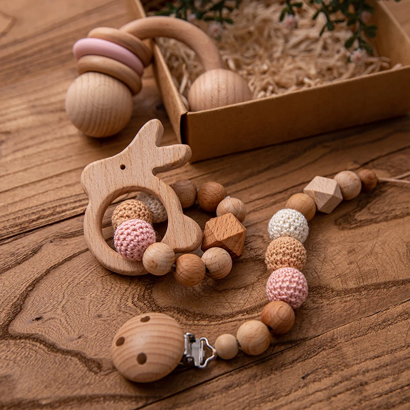 3pc/Set Baby Wooden Music Rattle Pacifier Dummy Clips Teething Bracelet Hanging Mobile Holder Gym Baby Newborn Stroller Game Toy