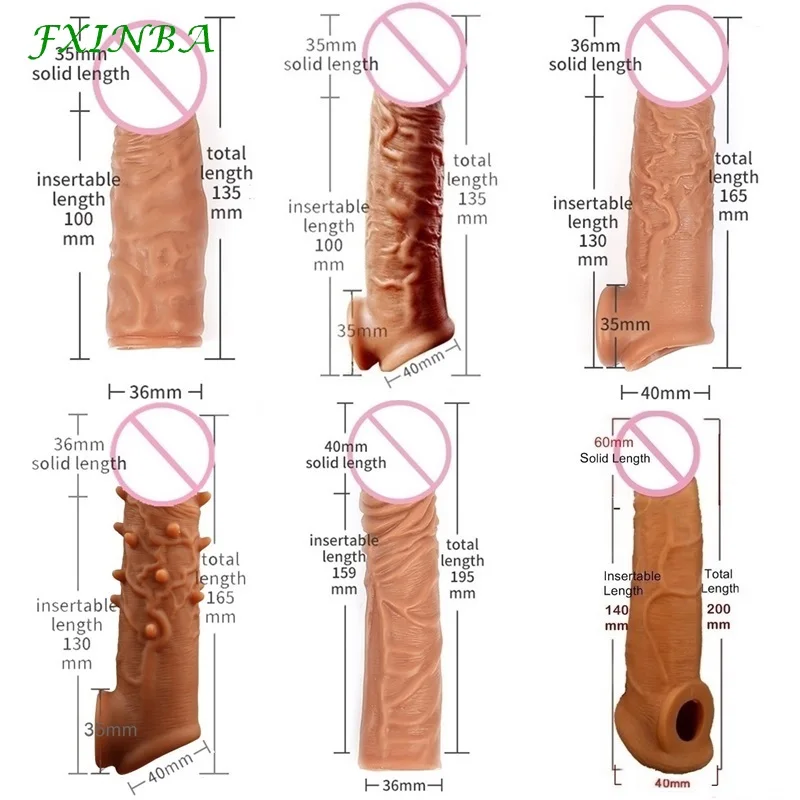 FXINBA 14-20cm Realistic Silicone Penis Extender Sleeve Delay Ejaculation Reusable Condoms Sex Toys For Men Cock Sleeve