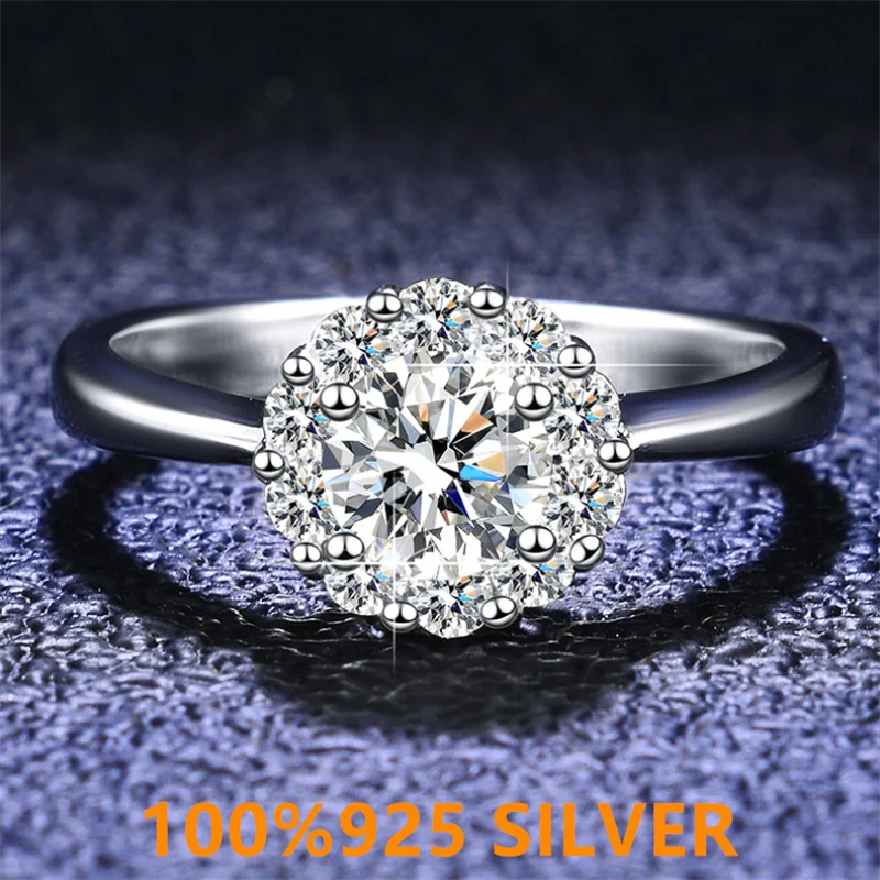 

925 colorfast women's Sterling Silver Ring D color Mossan Diamond Flower Ring Engagement jewelry inlaid with diamonds