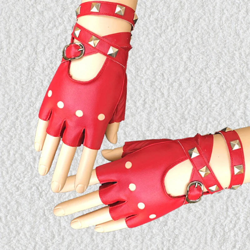 1 paar Frauen Sexy Gothic Punk Cool Disco Dance Rock-and-roll Fingerlose Damen Kurze Leder Handschuhe Schwarz rot Weiß