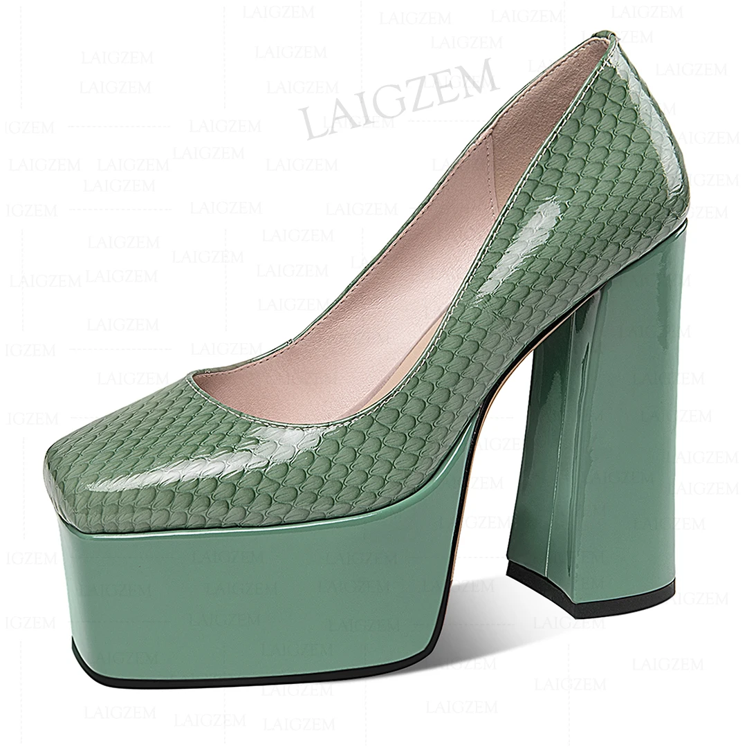 LAIGZEM Women Pumps Slip On Real Leather 13CM Square Toe 13CM Block Heels Sandals Dress Prom Ladies Shoes Woman Size 33 37 38 39