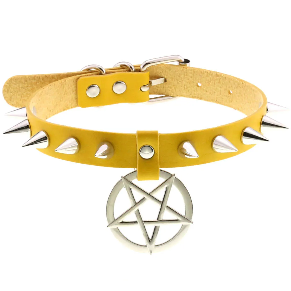 Steampunk Yellow Goth Spike Rivet Choker Collar Necklace Women Men Hip Hop Rock Metal Round Pentagram PU Leather Necklaces Party