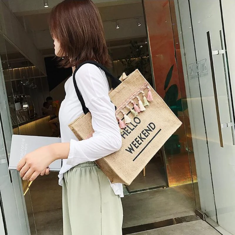 Canvas Handbag Women Large Capacity Tassel Shoulder Bag Simple letter Top-handle Bag Linen Lady Tote Shopping Weekend Bag Bolso